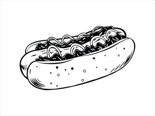 A black and white hot dog drawing