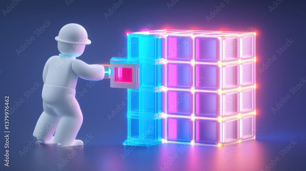 Poster cyberpunk-inspired construction worker assembling 3d structures in futuristic environment digital ar