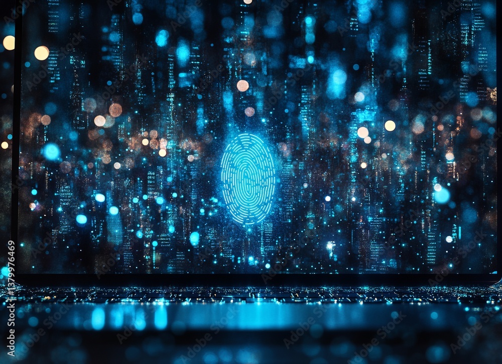 Poster a computer screen shows a blue cityscape with a glowing fingerprint on a screen. e background with a