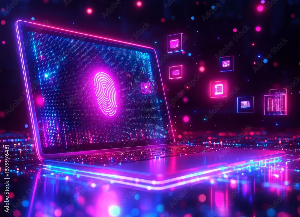 Aufkleber a laptop with a glowing fingerprint on the screen. e background with a digital security concept.