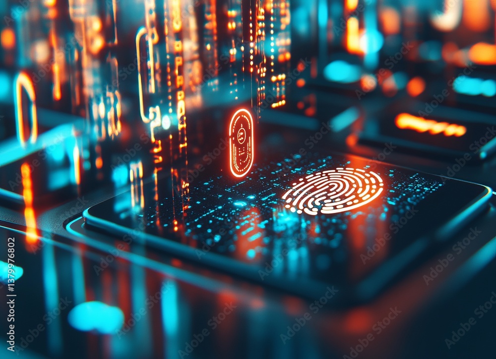 Aufkleber a keyboard with a glowing fingerprint on it. e background with a digital security concept.