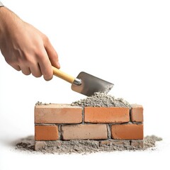 Construction action mason building brick wall in studio detailed hyperrealistic image close-up view