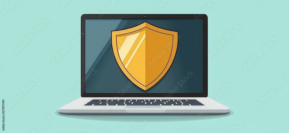 Poster a laptop with a yellow shield on it. e background with a digital security concept.