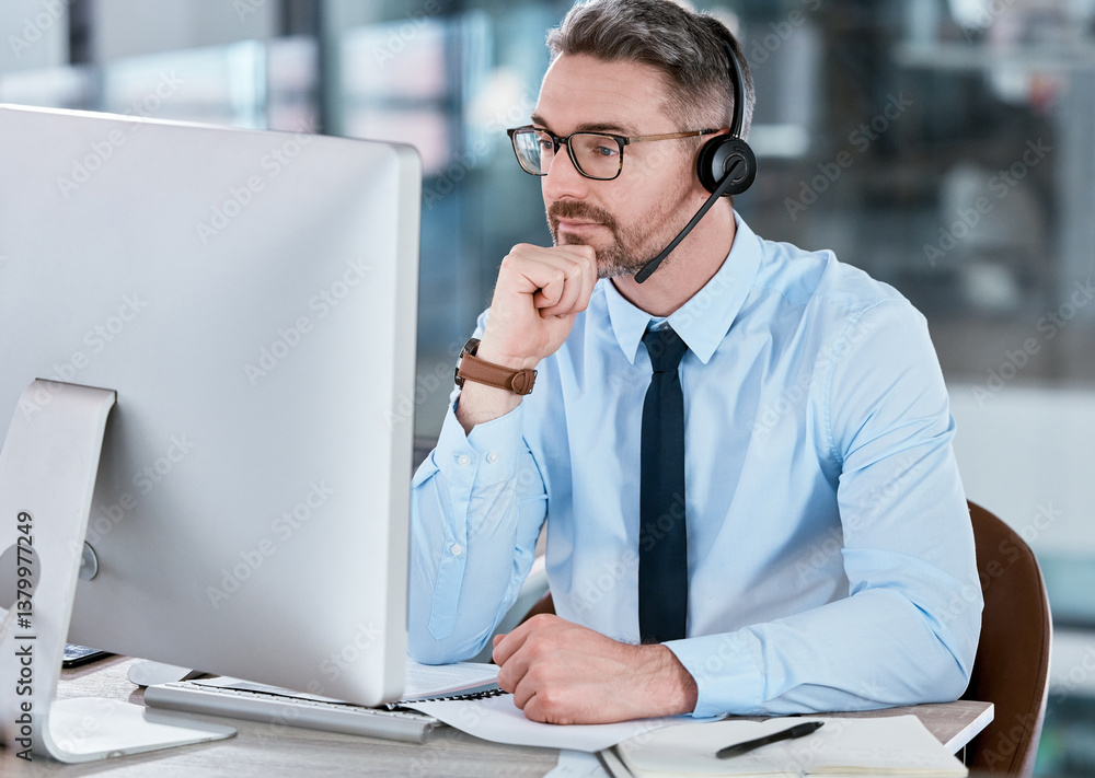 Aufkleber Customer service, call center and man on computer thinking for advice, online help and consulting. Corporate office, telemarketing and person with headset for contact, crm support and communication