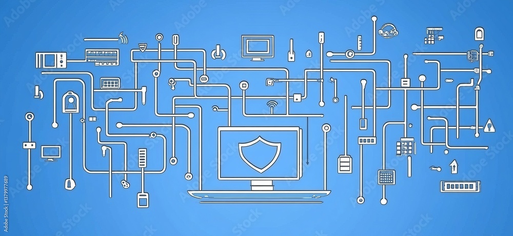 Aufkleber a computer network with a blue background and a white shield. e background with a digital security c