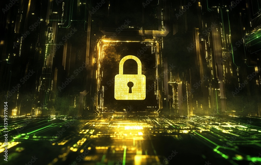 Poster a golden lock is displayed in a futuristic setting. e background with a digital security concept.