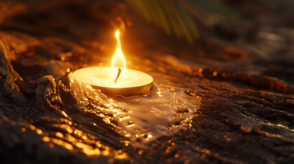 Close-up macro of a small lit tealight candle melting wax onto dark, highly textured, weathered wood surface, warm intimate glow