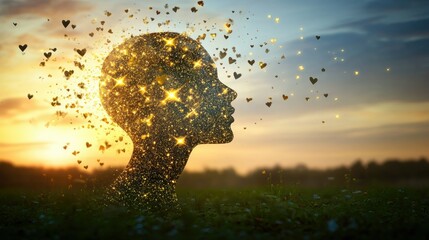 Obraz premium Silhouette of a head filled with sparkling stars and heart shapes