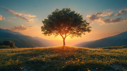 Lone tree on a hill at sunset, with mountain backdrop. Warm light shining through