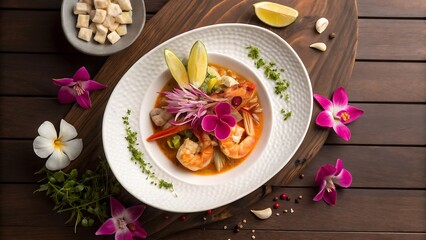 Close-up of a shrimp ceviche bowl on a white textured plate, garnished