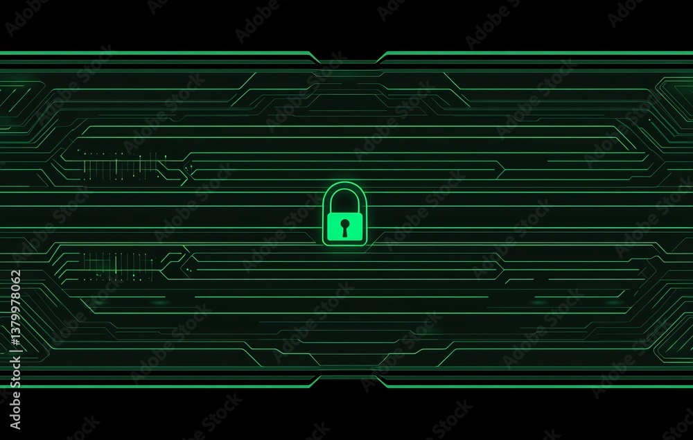 Poster a green screen with a lock on it. e background with a digital security concept.
