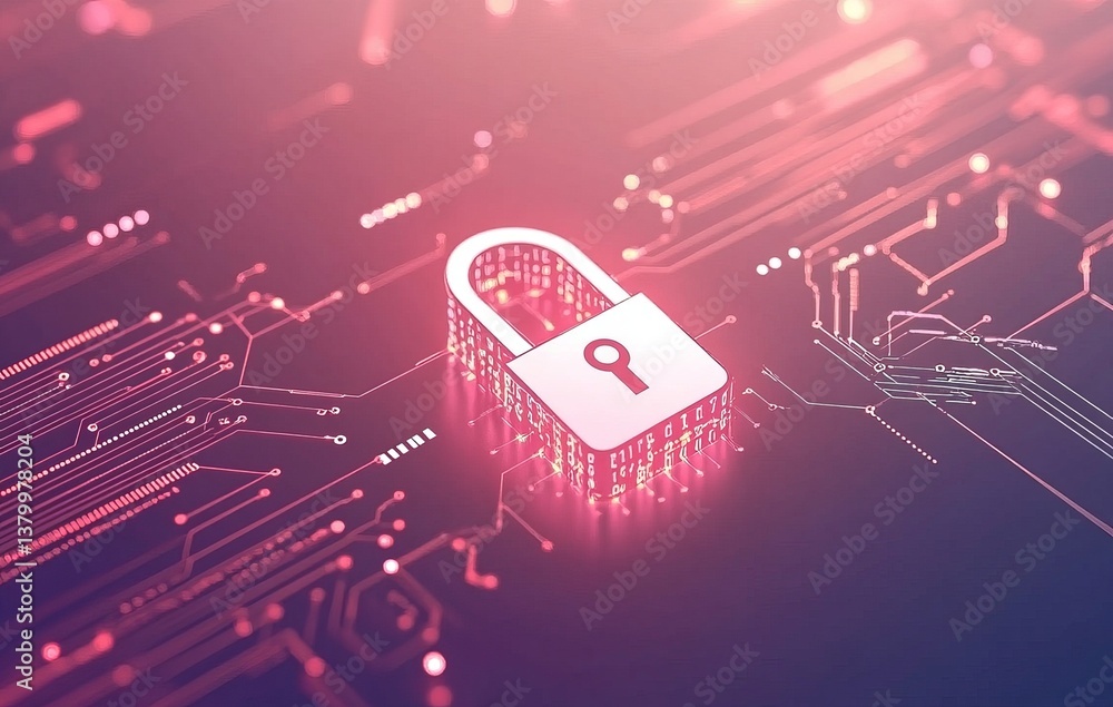 Poster a computer security symbol is displayed on a purple background. e background with a digital security