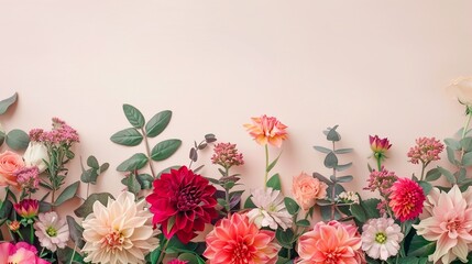 Elegant floral border with vibrant flowers lush greenery on light background. HD 8K mockup wallpaper Photographic Image

