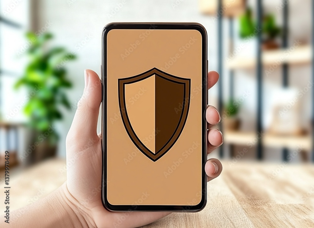 Poster a person is holding a phone with a shield on it. e background with a digital security concept.