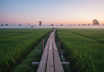 Fototapeta premium A wooden bridge stretches over a tranquil rice field enveloped in morning mist, offering a serene view.