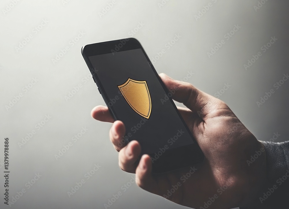 Poster a person is holding a cell phone with a gold shield on it. e background with a digital security conc
