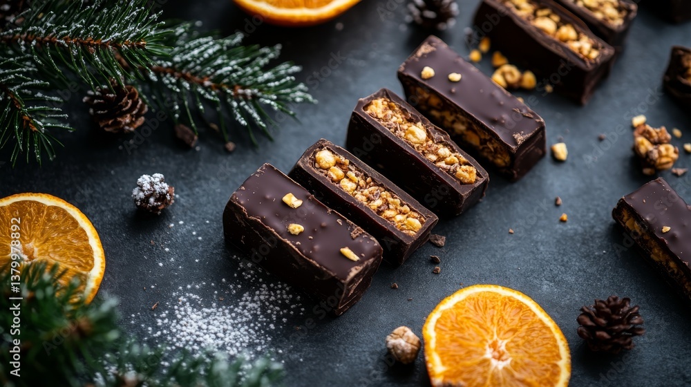 Poster chocolate bars and slices of orange are artfully arranged on a dark gray surface, complemented by pi
