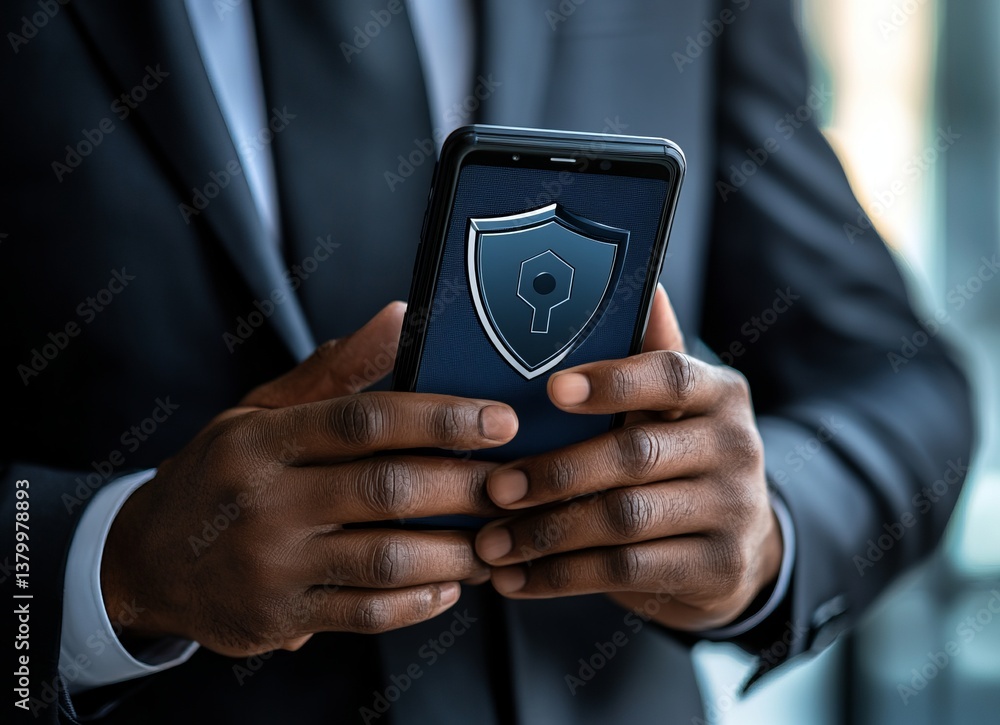 Poster a man is holding a cell phone with a security symbol on it. e background with a digital security con
