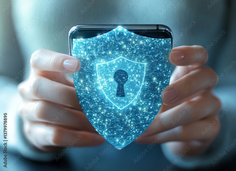 Poster a person is holding a cell phone with a blue shield on it. e background with a digital security conc
