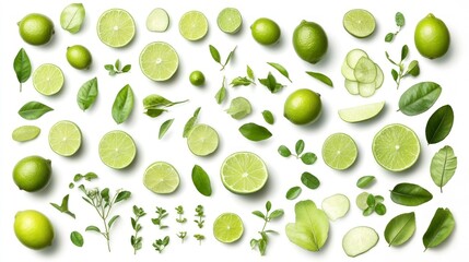 Fresh Lime Fruit and Green Leaves Flat Lay on White Background