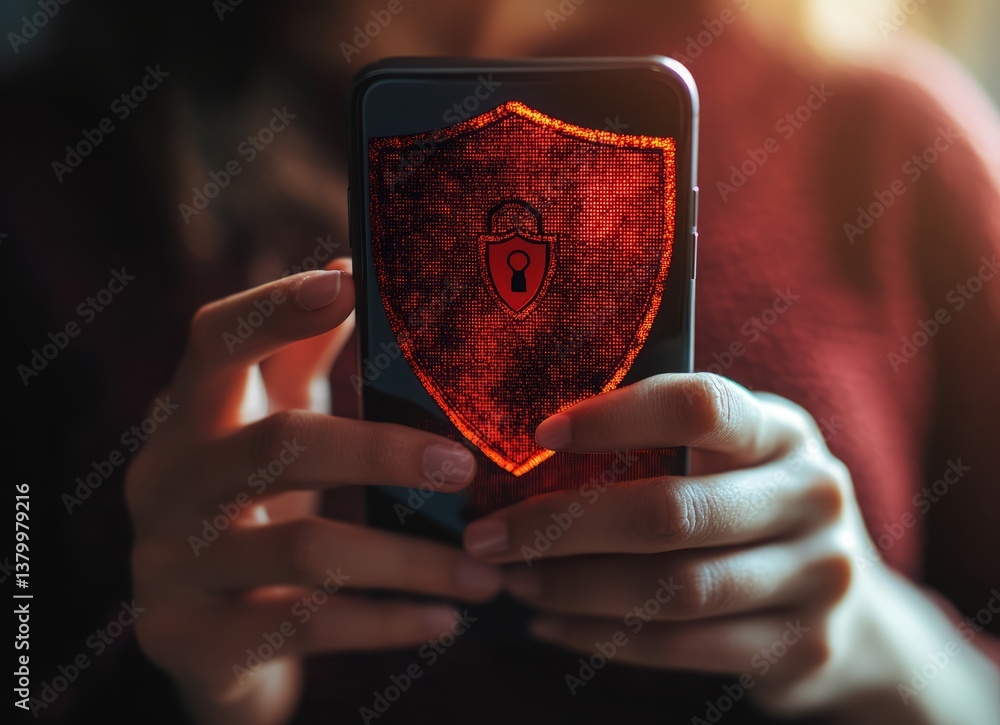 Poster a woman is holding a cell phone with a red shield on it. e background with a digital security concep