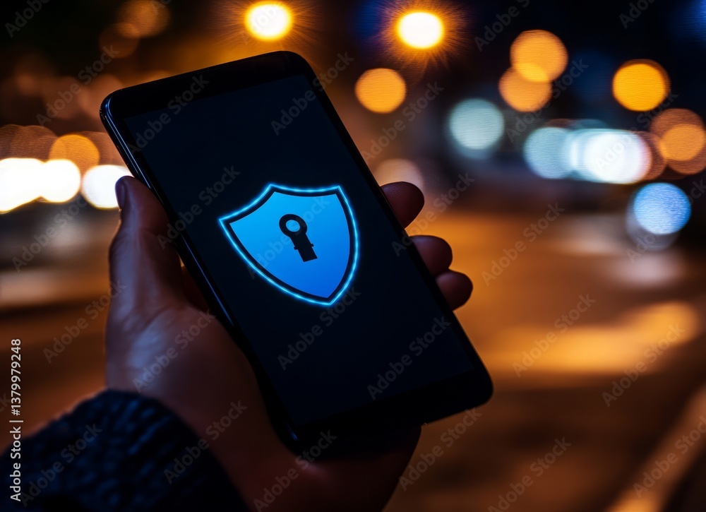 Poster a person is holding a cell phone with a blue shield on it. e background with a digital security conc