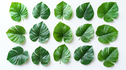 Fifteen green monstera leaves arranged in a pattern on a white background creating a vibrant display.