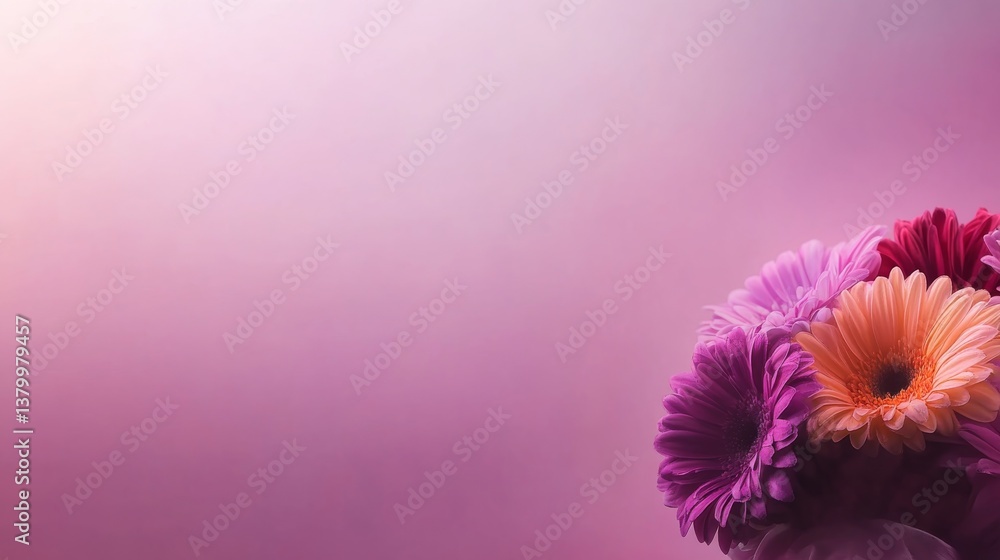 Poster a vibrant arrangement of gerbera daisies showcases fresh, bold colors against a soft pink backdrop, 