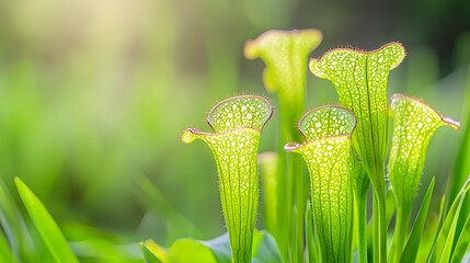Carnivorous plants with unique pitcher shapes, vibrant green color, and delicate textures thrive natural setting