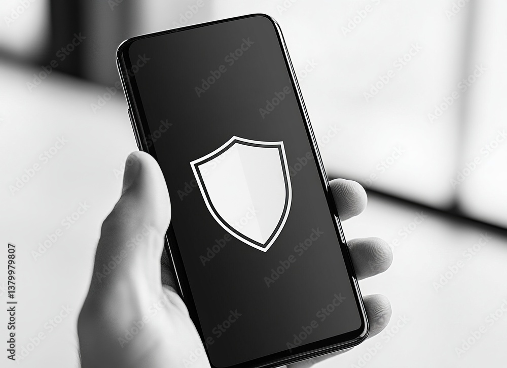 Aufkleber a person is holding a cell phone with a shield on it. e background with a digital security concept.