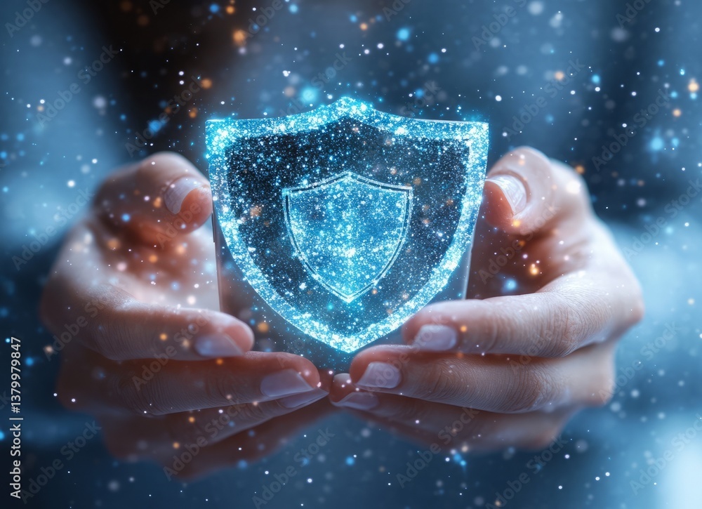 Poster a person is holding a blue shield with a lot of sparkles. e background with a digital security conce