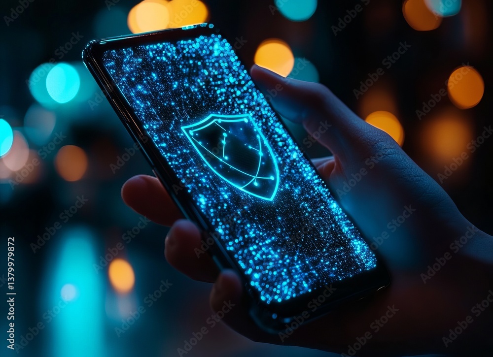 Poster a person is holding a cell phone with a blue screen that says 