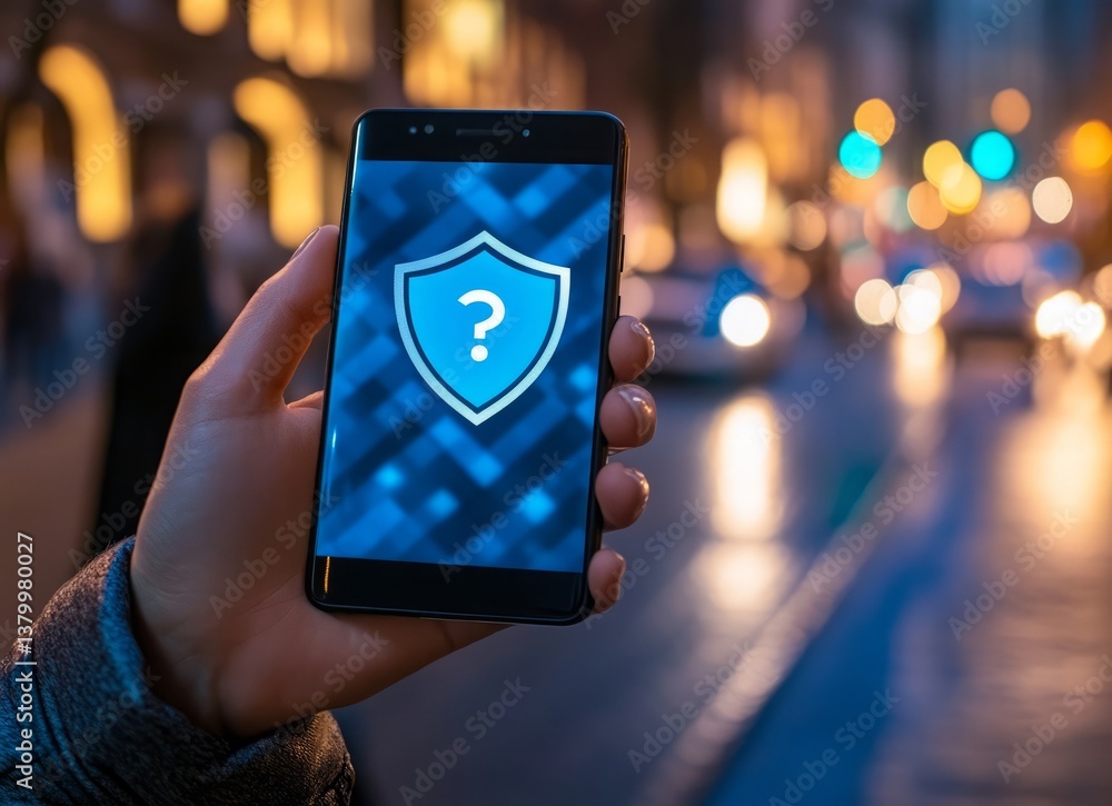 Poster a person is holding a cell phone with a blue shield on it. e background with a digital security conc