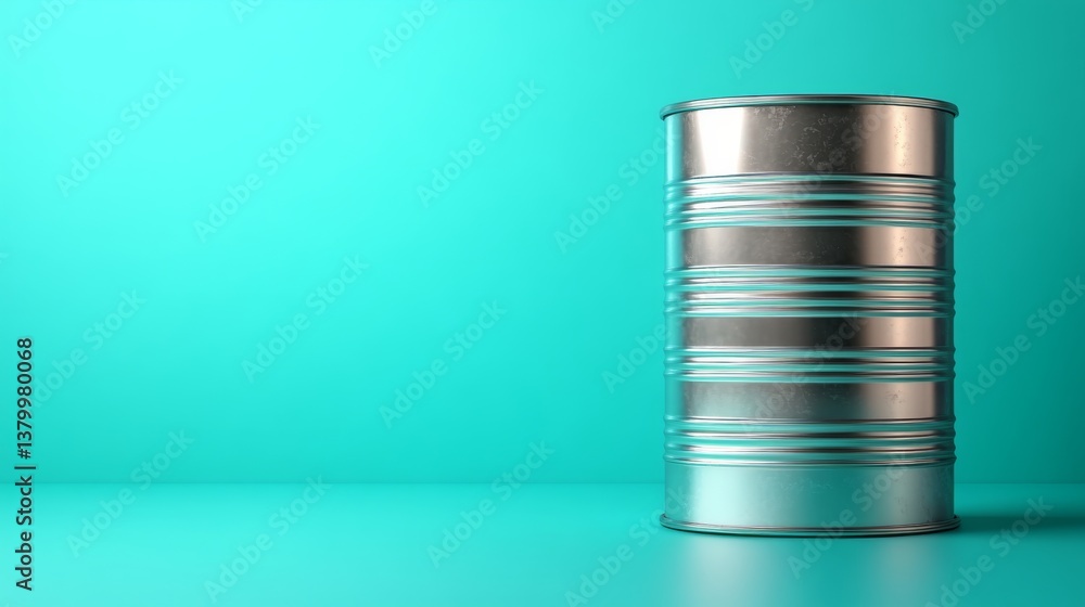 Poster a shiny metal drum stands prominently against a smooth pastel blue backdrop, highlighting industrial