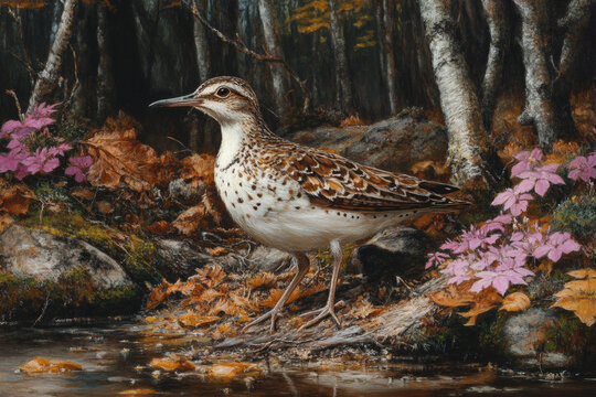 A depiction of a hadida bird in its natural habitat, foraging for food