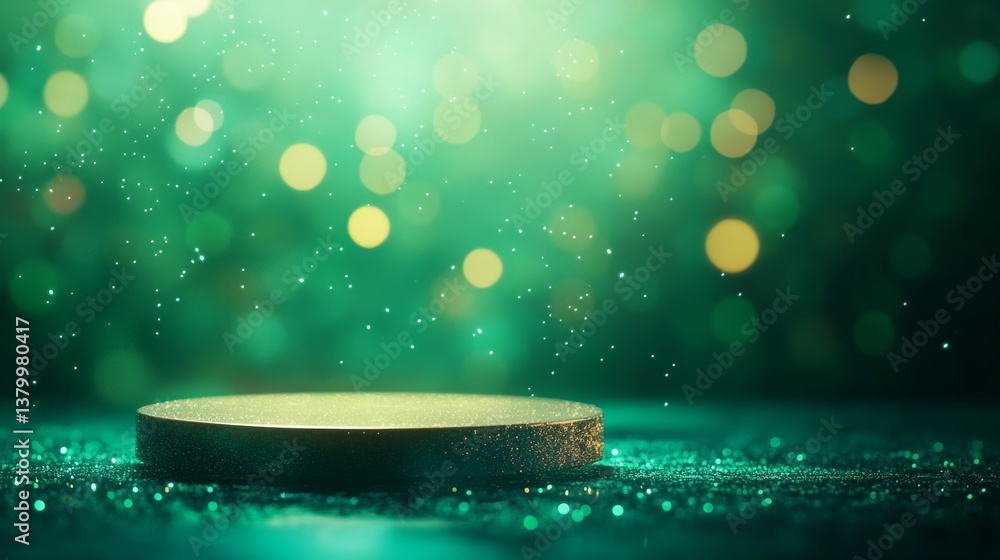 Poster A floating podium rests in an emerald forest illuminated by soft golden light and twinkling fairy lights, while gentle snowflakes add to the holiday charm