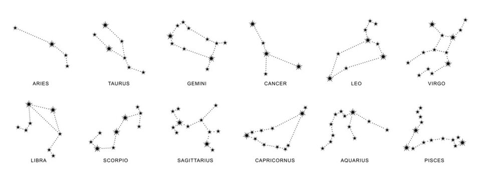 Zodiac sign constellations, icon set, black silhouette of stars and dots isolated on white. Minimalist signs in stencil style. Simple vector clipart for astrological and horoscope illustration.