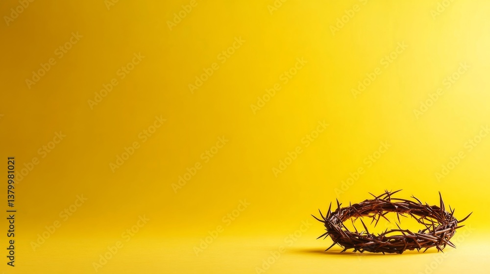 Leinwandbilder a single crown of thorns rests against a solid pastel yellow background, its texture enhanced by dra
