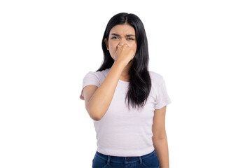 Young Asian woman holding her nose and reacting to unpleasant smell, disgusted expression, isolated...