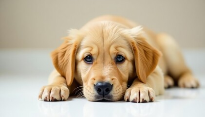 Golden retriever puppy lies on white, looking at camera, pet portrait, dog puppy, studio