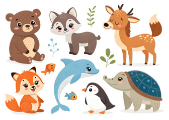 A collection of cute woodland and aquatic animals in a playful design