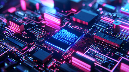 Fototapeta premium vibrant circuit board with glowing components and intricate patterns showcases technology and innovation