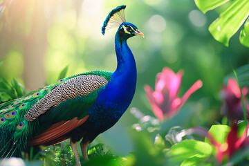 Obraz premium vibrant peacock stands gracefully amidst lush greenery, showcasing its stunning blue and green plumage, radiating beauty