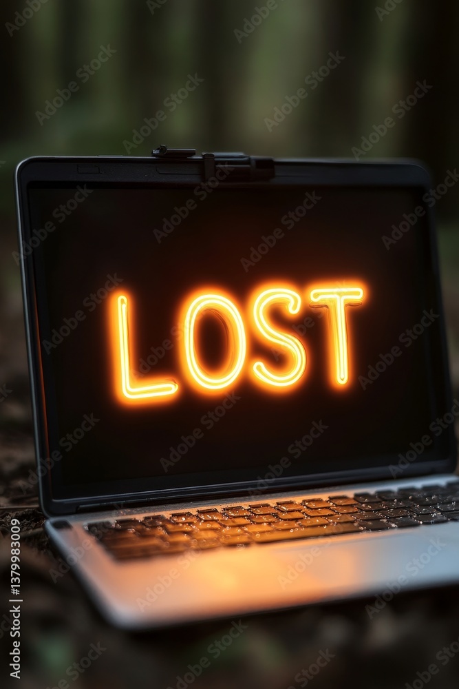 Poster lost signal open laptop displaying neon text lost against a dark forest background