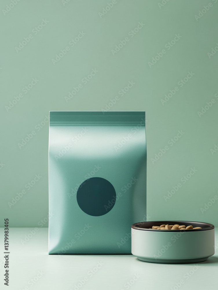 Poster branding mockup features a pet food bag with a logo badge and a matching bowl set against a soft col