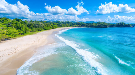 Fototapeta premium serene beach scene with clear blue water, soft sand, and lush greenery bright sky. waves gently lap shore, creating peaceful