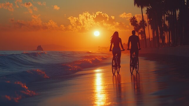 Couple cycling on beach at sunset, waves, palm trees