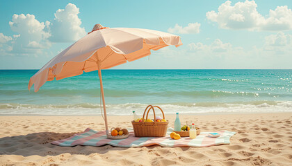 Cozy beach picnic setup with pastel umbrella, blanket, basket, and drinks on golden sand near turquoise sea under blue sky, perfect tropical summer scene for vacation, relaxation, and lifestyle conten