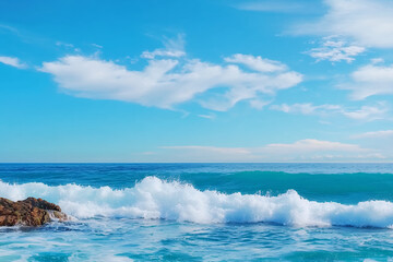 Obraz premium serene ocean view with gentle waves crashing against rocky shores under bright blue sky