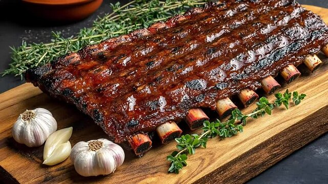 Glazed ribs on wood with garlic and thyme. Delicious, shiny, and savory food photography